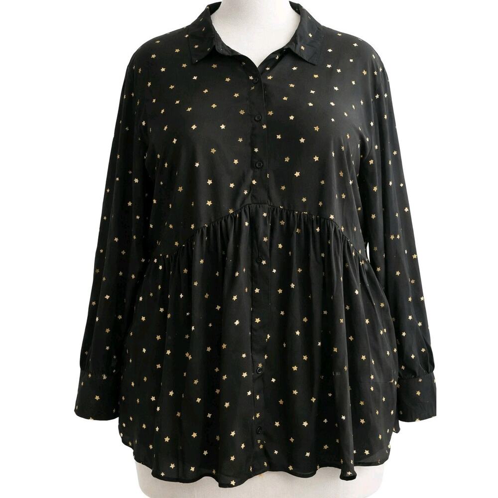 Lane Bryant Star Print babydoll Tunic Blouse Plus 18 20 Black Gold Long Sleeve